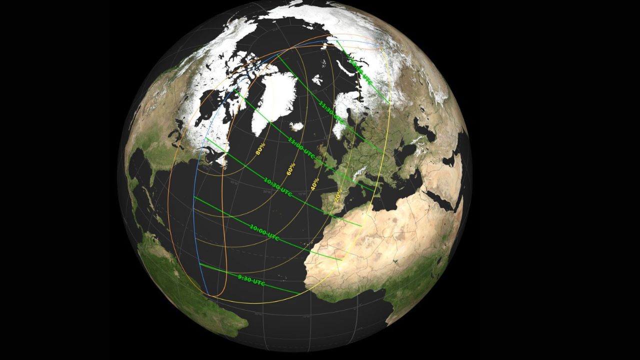 Un mapa muestra dónde podrá verse el eclipse del 29 de marzo de 2025.Estudio de Visualización Científica del Centro Goddard de la NASA