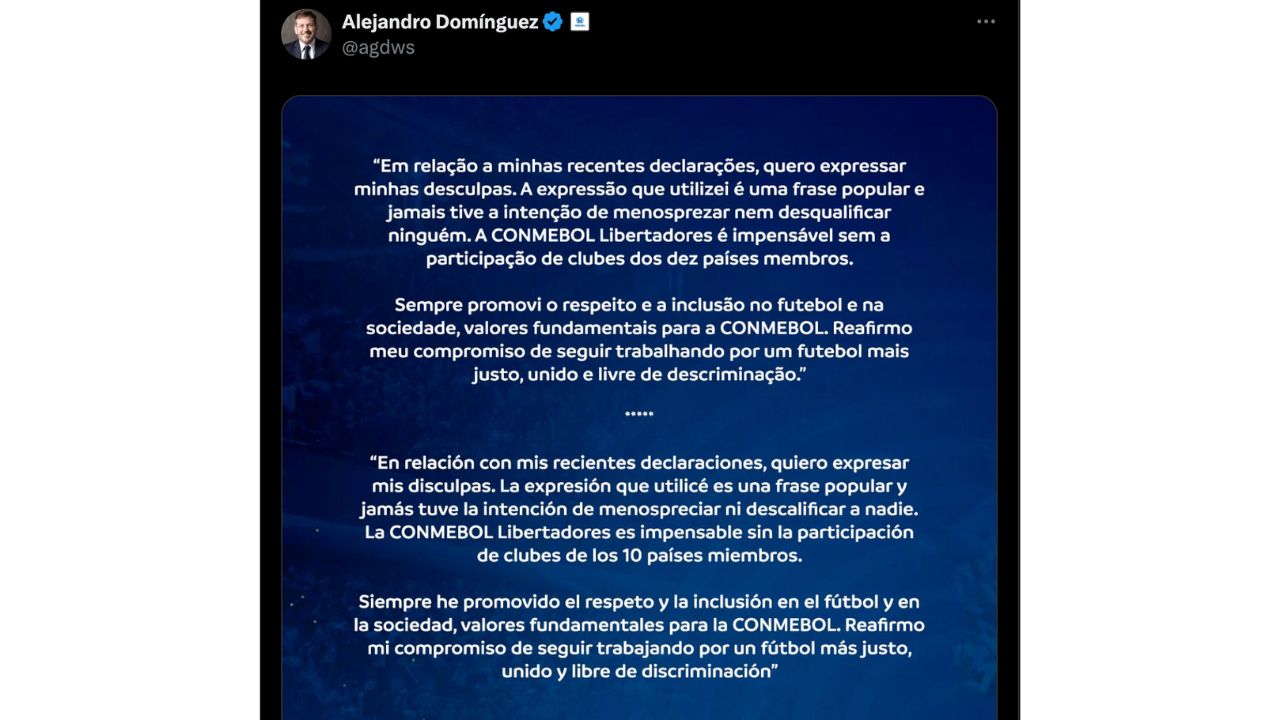 Disculpas de Alejandro Domínguez, presidente de la Conmebol.