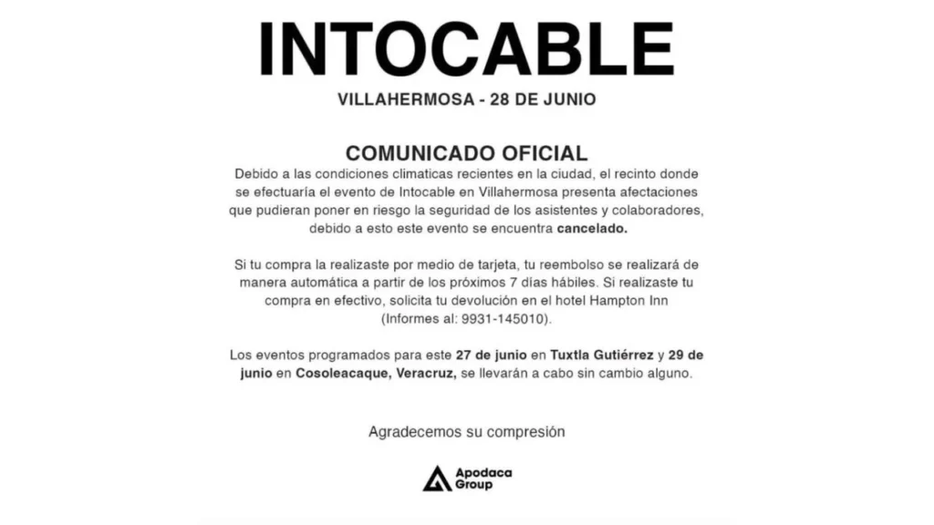 Cancelación de Intocable en Tabasco