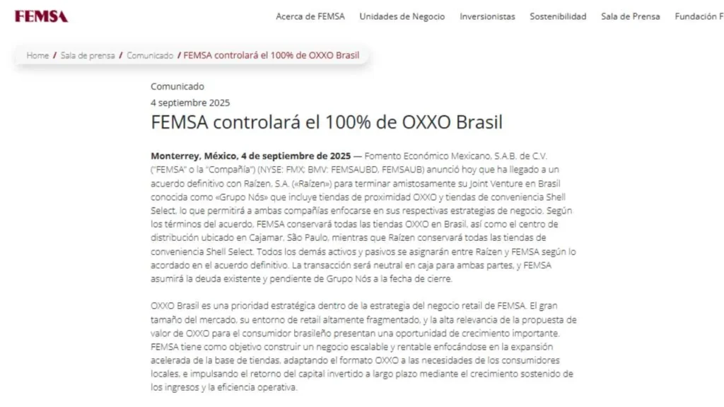 Parte del comunicado de FEMSA en donde asegura que controlará el 100% de OXXO Brasil.