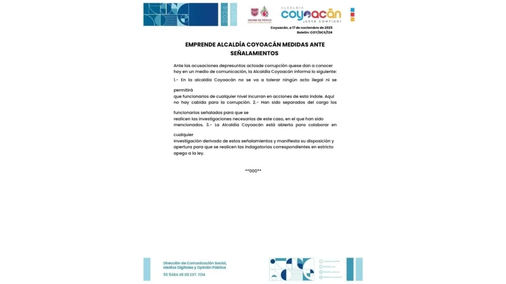Comunicado de la Alcaldía Coyoacán sobre acusaciones de corrupción.