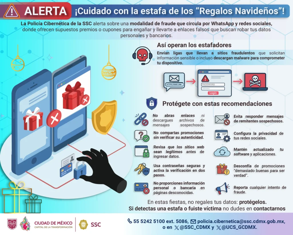 Infografía de la SSC sobre la estafa de "regalos navideños".