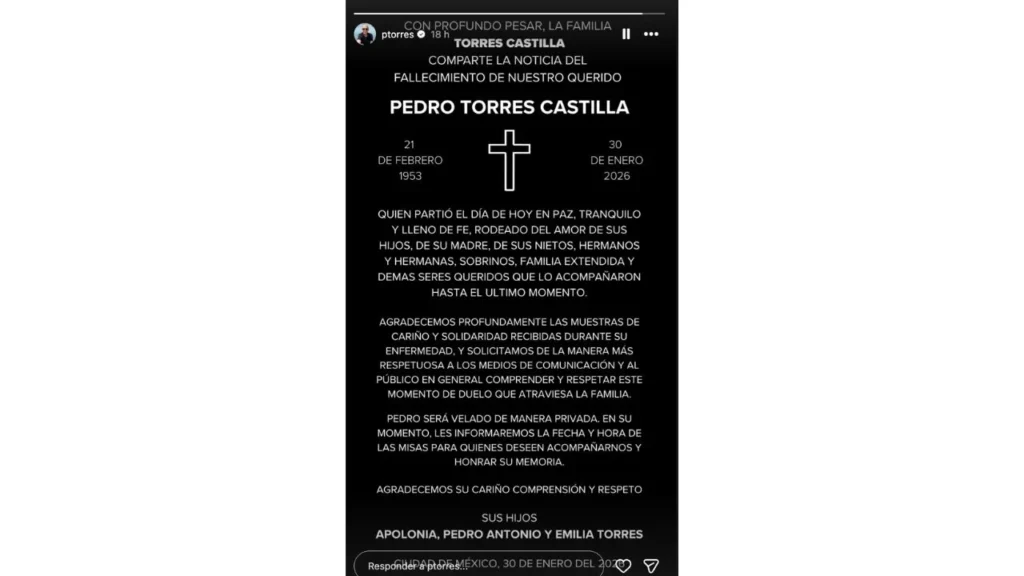 Comunicado de la familia Torres sobre el fallecimiento del productor, Pedro Torres.