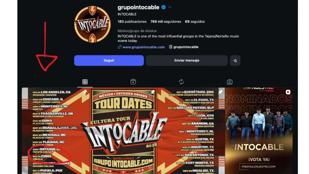 Captura del perfil de Instagram oficial de Grupo Intocable.