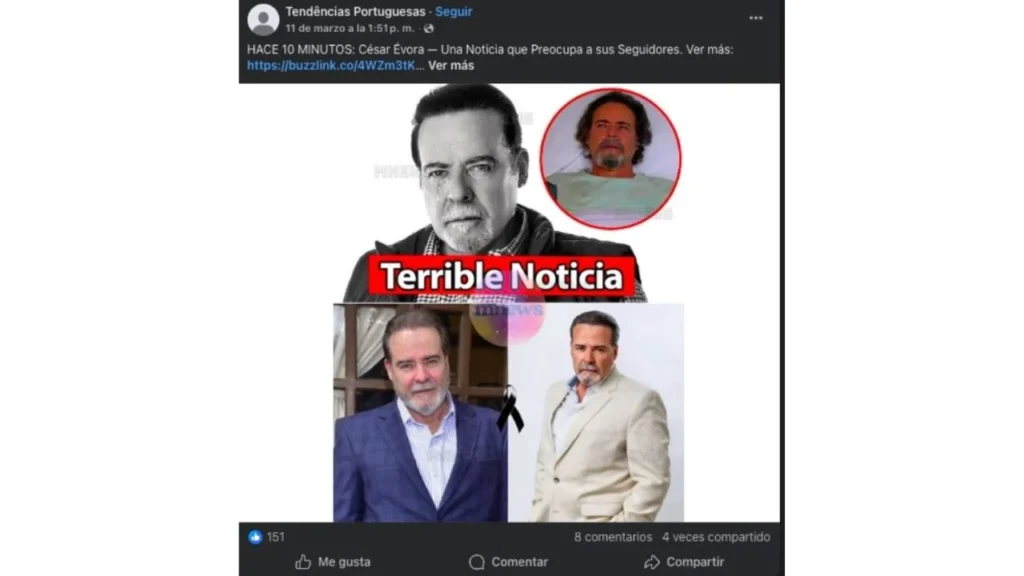 Imagen de la noticia falsa sobre la presunta muerte del actor César Évora.