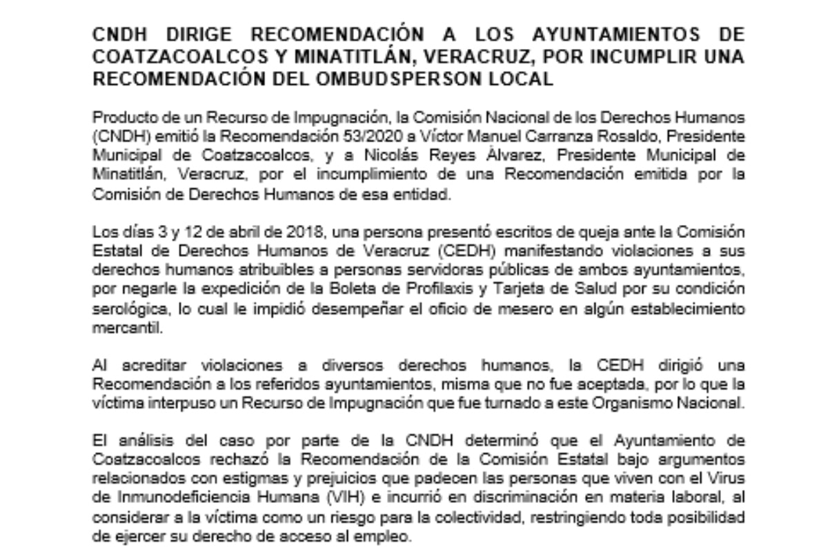 Luego de acreditar violaciones a diversos derechos humanos, la CEDH dirigió una recomendación a los ayuntamientos, misma que no fue aceptada, por lo que la víctima interpuso un recurso de Impugnación