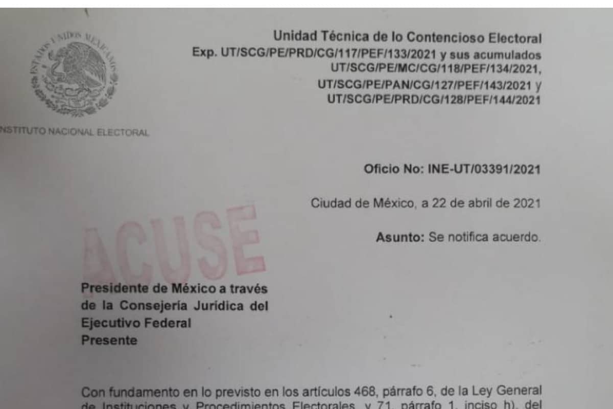 El INE notificó a la Presidencia del apercibimiento este jueves a las 17:38 horas.