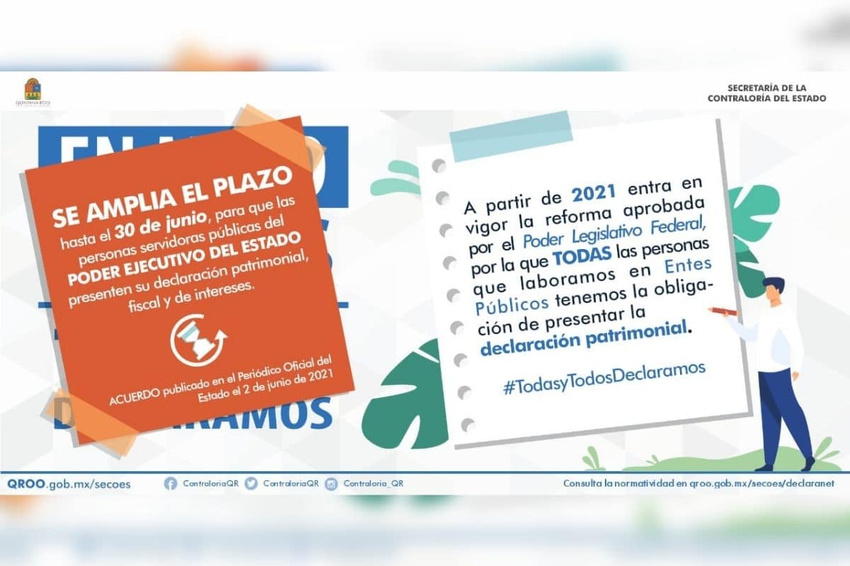 Contraloría de Quintana Roo otorga prórroga a servidores públicos del Poder Ejecutivo para presentar declaración patrimonial