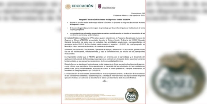 comunicado por Instituto Politécnico Nacional indica que las clases continuarán en línea