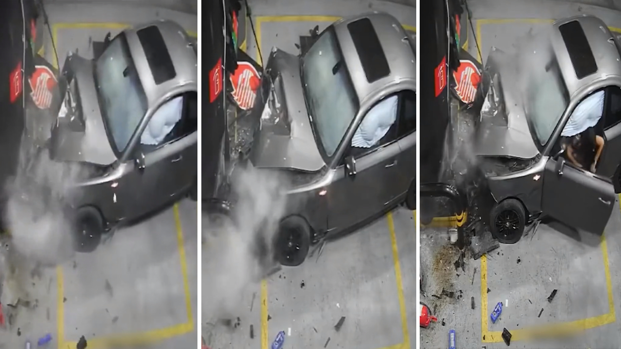 Conductora choca su BMW contra gasolinera y resulta ilesa.