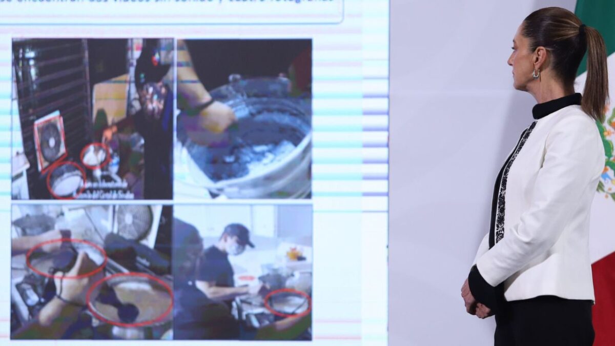 Claudia Sheinbaum observa imágenes tomadas del vídeo que publicó el periódico estadounidense, New York Times, sobre un laboratorio de fentanilo ubicado en el país