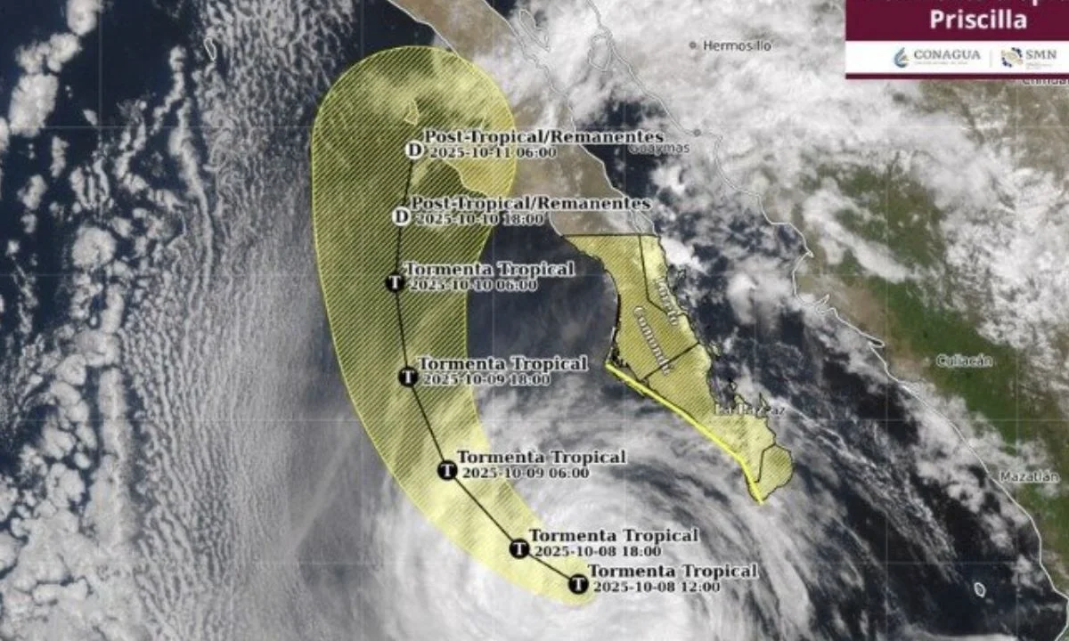 El pronóstico de lluvias, vientos y oleaje alto sigue activo en Baja California Sur durante el alejamiento de la tormenta tropical Priscilla.