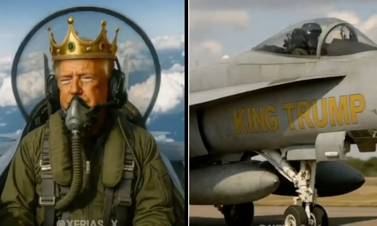 Captura de video generado con Inteligencia Artificial, donde se ve a Donald Trump con una corona de rey piloteando una aeronave con la leyenda King Trump.