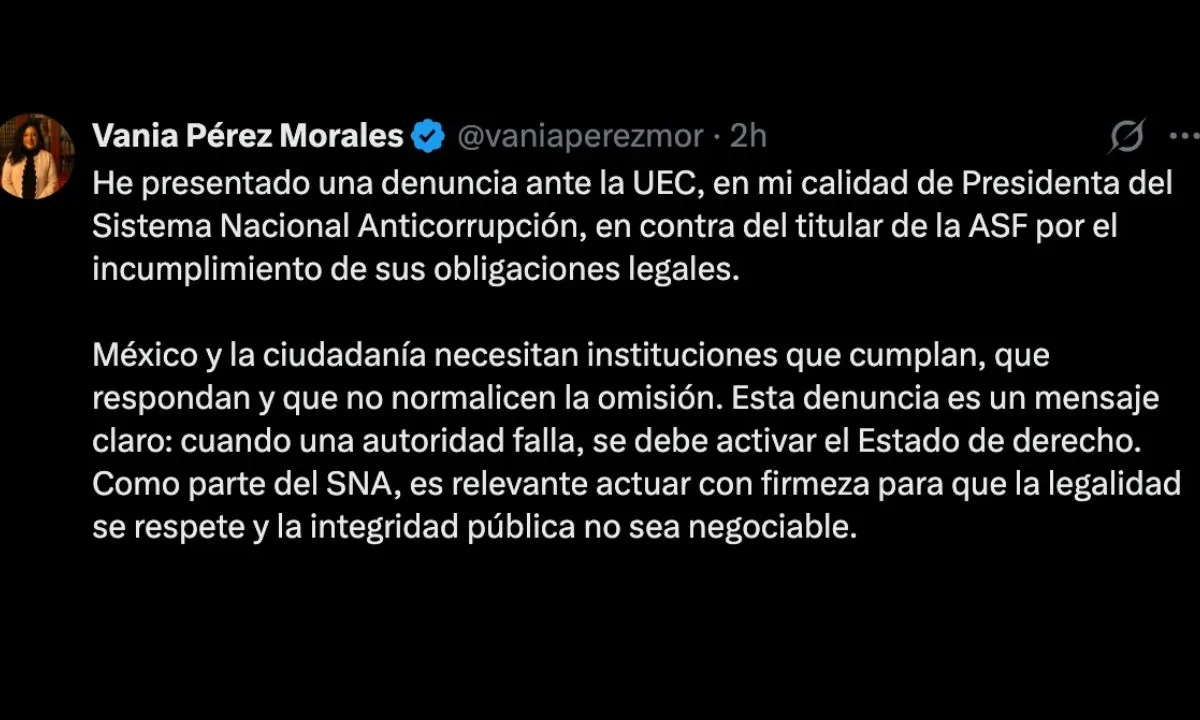 Vania Pérez presentó una denuncia ante la UEC de la Cámara de Diputados contra el titular de la Auditoría Superior de la Federación (ASF) por anomalías en su gestión.