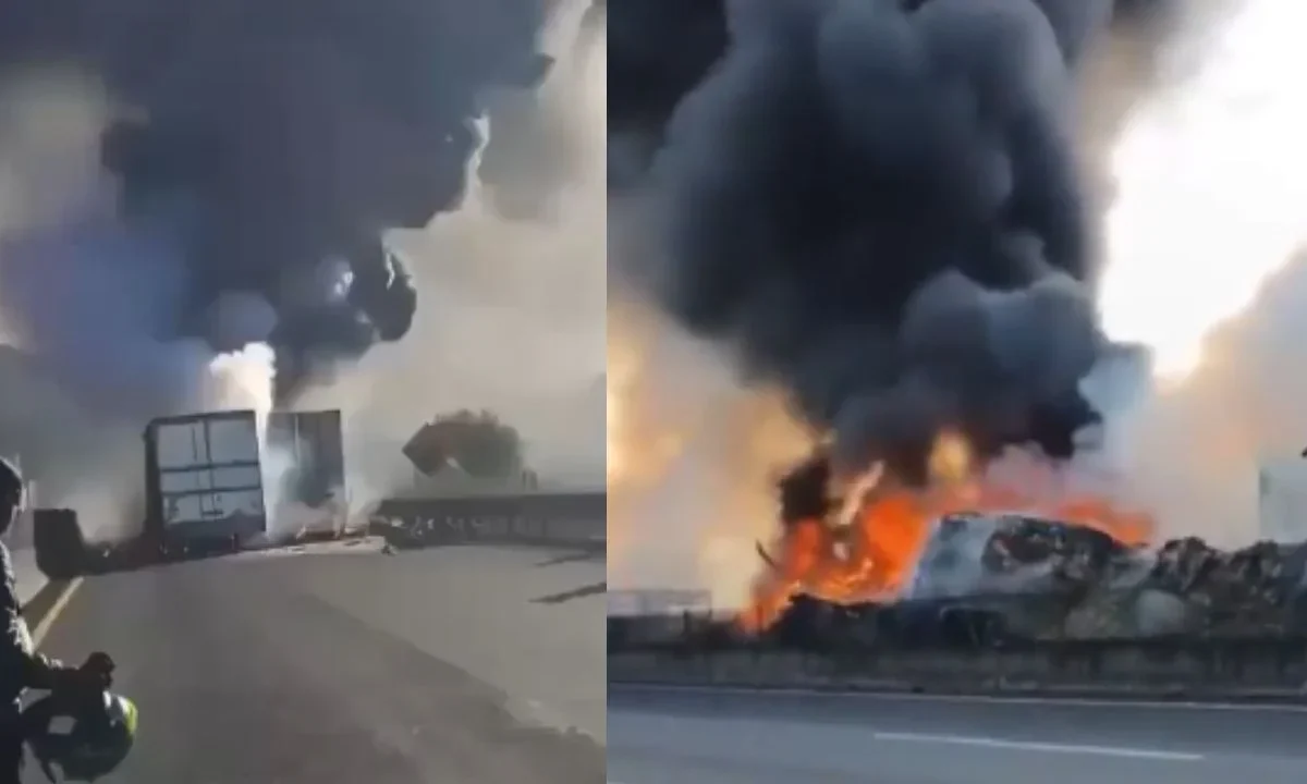 Autoridades realizaron el cierre de Arco Norte, mientras cuerpos de emergencia trabajaron en sofocar el fuego en uno de los tráileres.