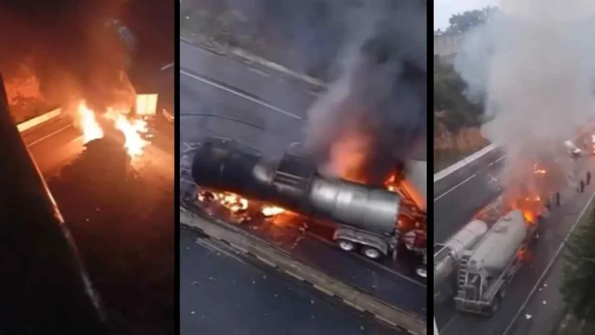 Se incendian dos pipas tras choque múltiple en la autopista Chamapa-Lechería.
