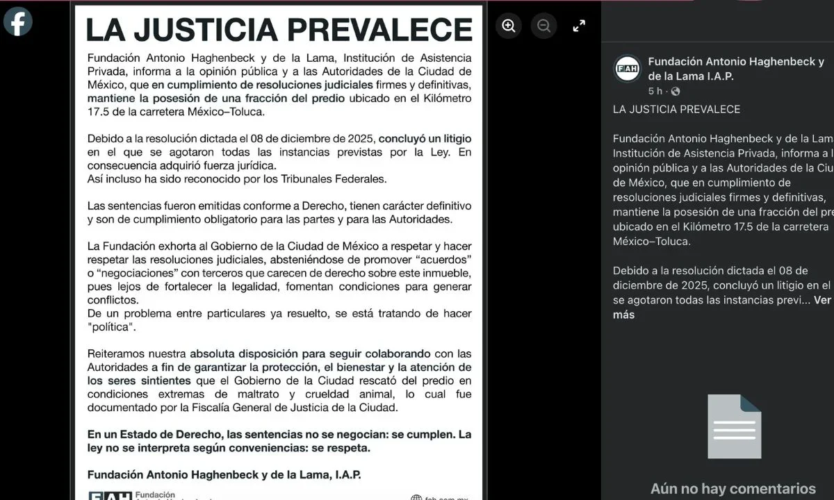 Fundación Antonio Haghenbeck y de la Lama aseguró tener posesión legal de una parte del predio que pertenece al Refugio Franciscano.